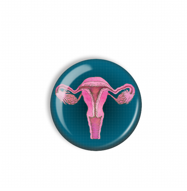 A blue button with a pink illustration of a female reproductive system, including the ovaries and fallopian tubes.