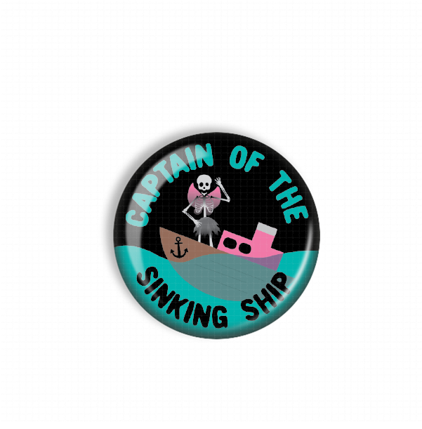 A round button with a cartoon-style illustration of a skeleton standing on a sinking ship.