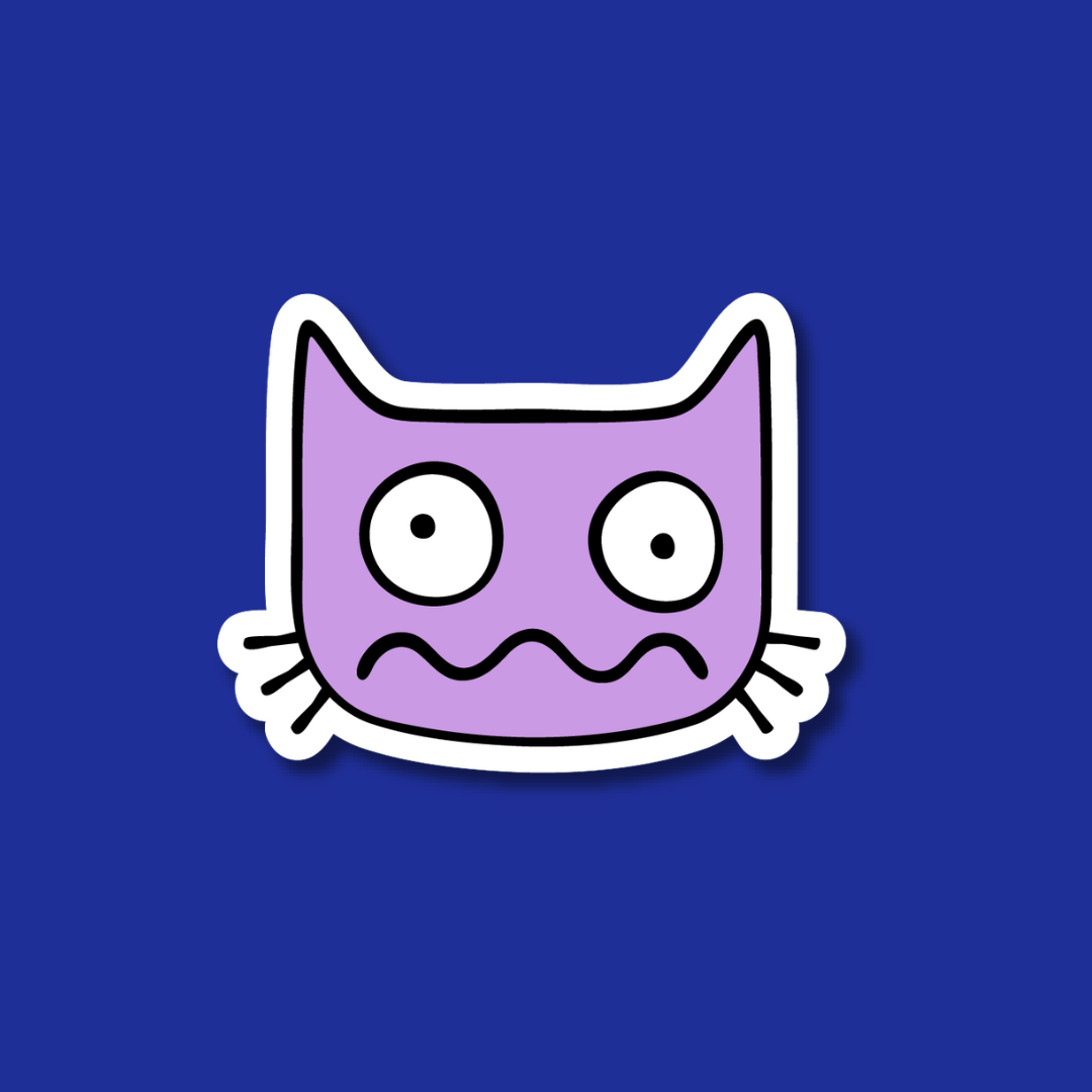 A purple cat sticker with a sad expression against a blue background.