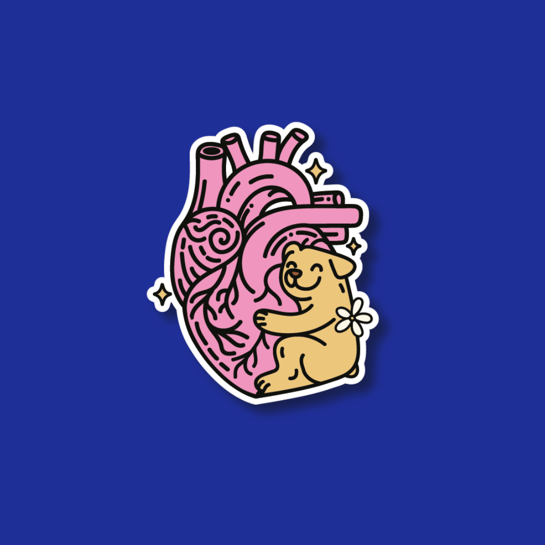 A heart-shaped sticker with a cartoon dog sitting inside it, against a blue background.
