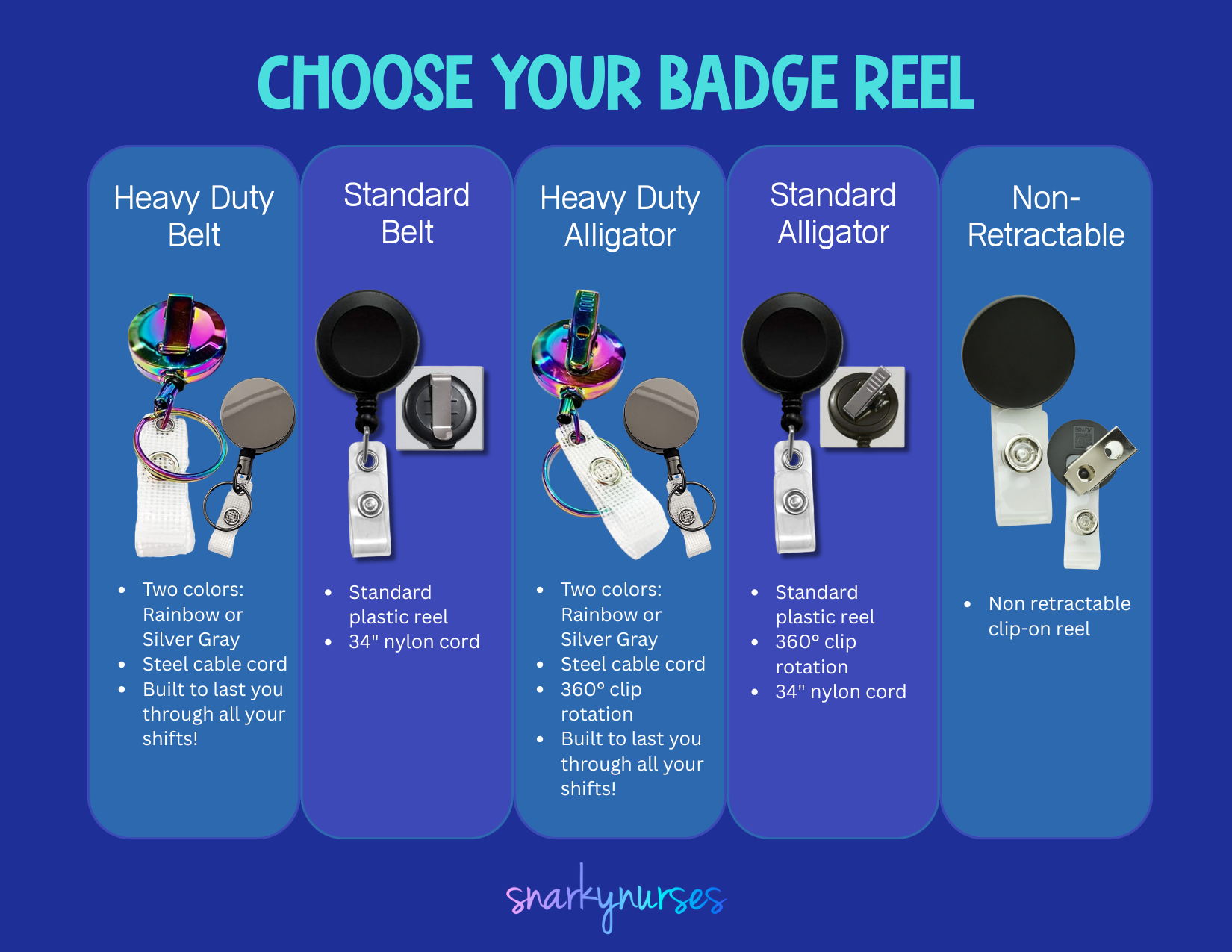 a variety of badge reels, each with different features and designs, presented in a visually appealing manner.