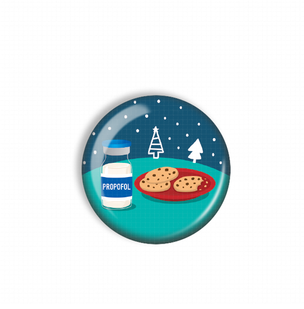 A round button with a blue background, featuring a white label that reads "PROPOFOL" and two cookies on a red plate.