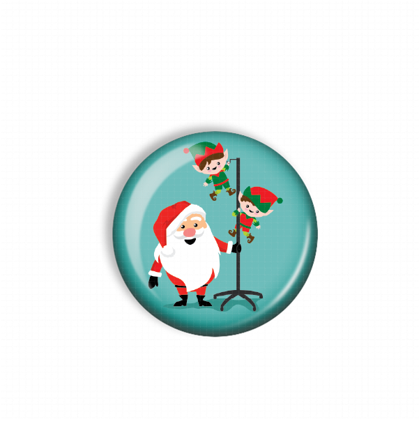Santa Claus holding a pole with two little elf children hanging from it.