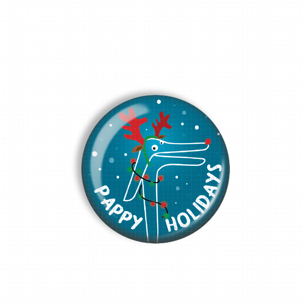 A blue button with a white outline and a red reindeer wearing antlers, along with the text "PAPPY HOLIDAYS" written in white.