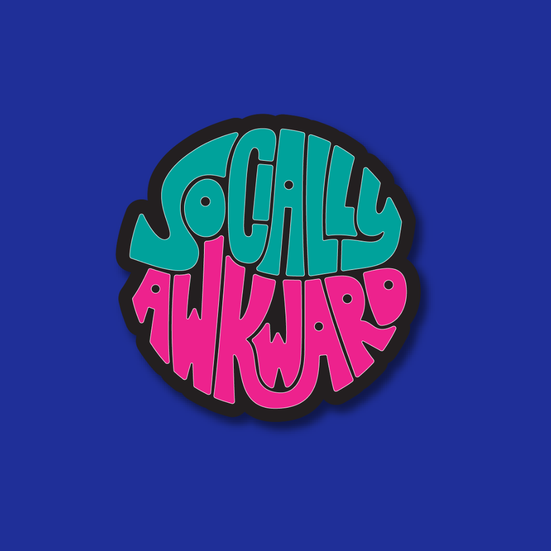 a stylized text design with the words "SOCALLY AWKWARD" in a vibrant, colorful font against a solid blue background.
