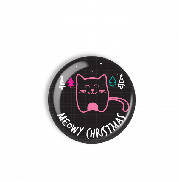 A black circular button with a pink cat illustration and the text "Meowy Christmas" written on it.