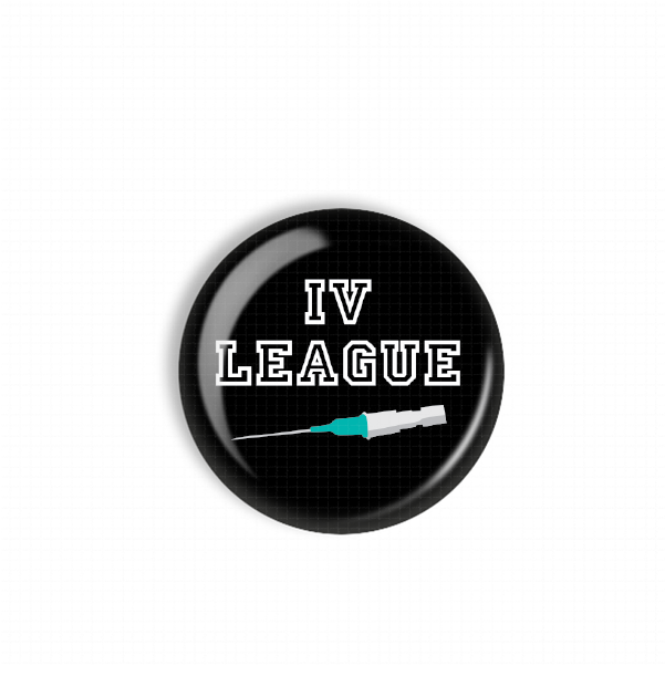 A black button with the text "IV LEAGUE" printed on it, along with a syringe icon.