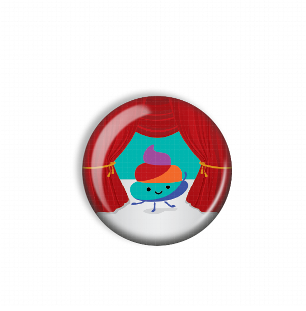 A colorful, whimsical illustration of a cupcake or dessert character standing in front of a red curtain, with a teal background.