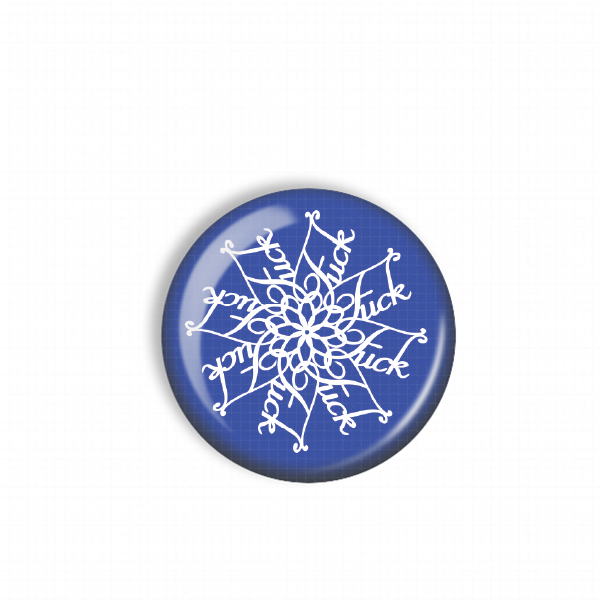 A blue button with a white snowflake design on it.