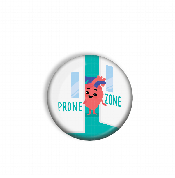 A round button with a cartoon heart character and the text "PRONE ZONE" on it.