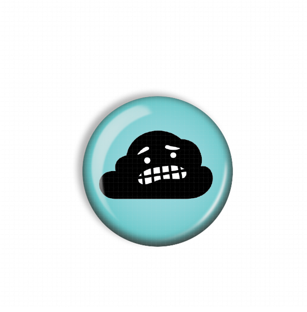 A blue button with a black cloud-like shape and a sad expression.