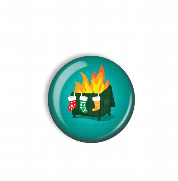 A green trash can with flames coming out of it, along with three colorful Christmas stockings hanging from it.