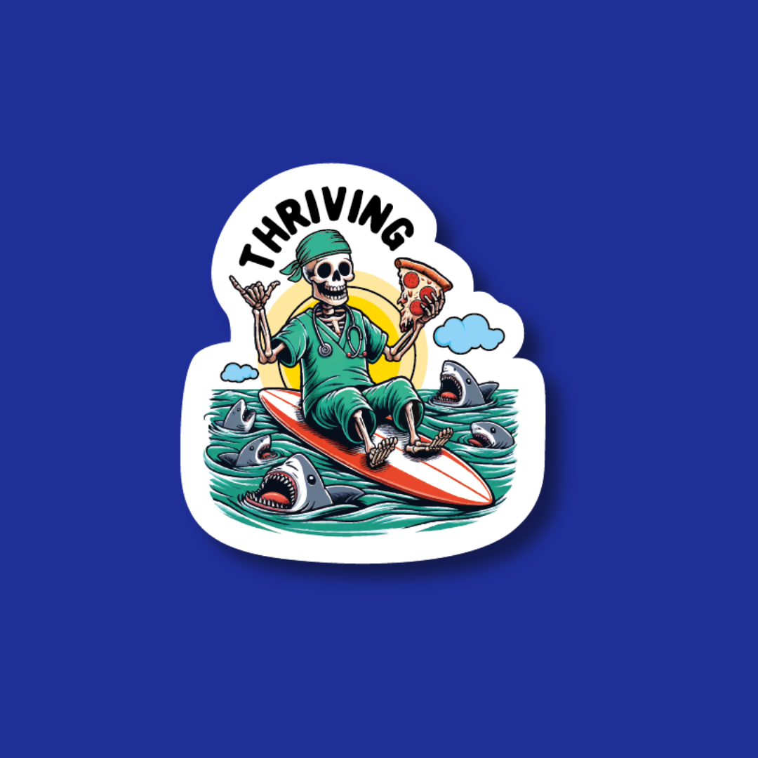 A skeleton wearing a green bandana and medical scrubs is riding a surfboard on a wave, holding a slice of pizza.