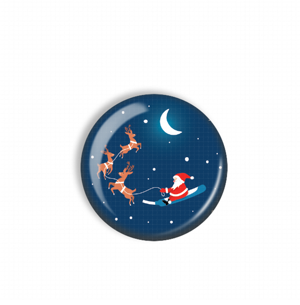 Santa Claus riding a sleigh pulled by reindeer against a night sky with a crescent moon.