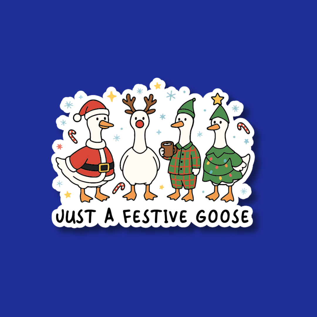 A festive illustration featuring four cartoon geese dressed in holiday attire, including Santa Claus, a reindeer, a gnome, and a Christmas tree.