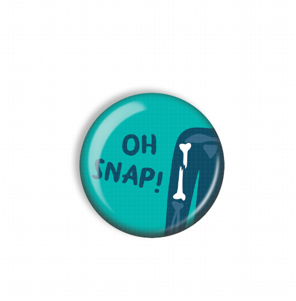 A turquoise button with the text "OH SNAP!" printed on it.
