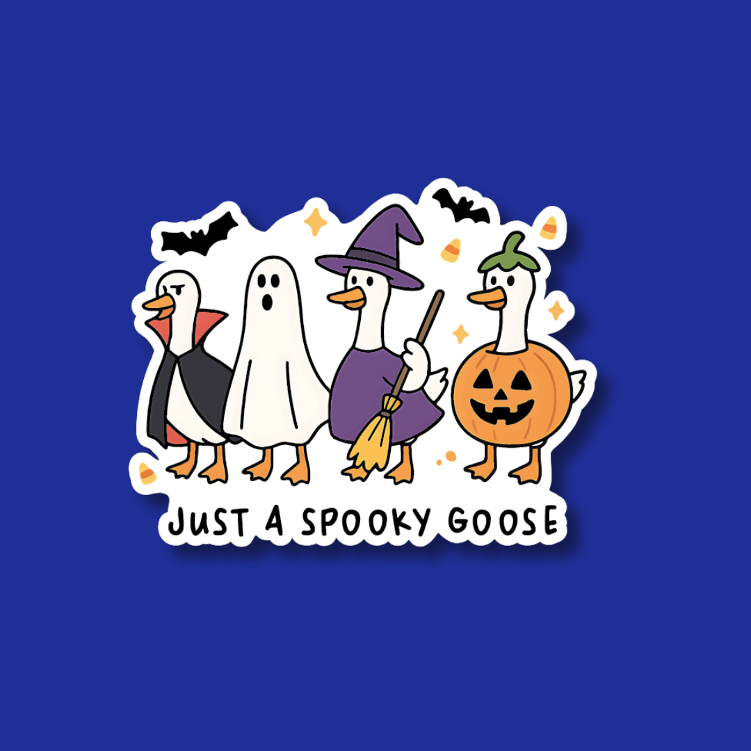 A sticker featuring four cartoon ducks dressed in Halloween costumes, including a witch, a ghost, a pumpkin, and a pumpkin with a jack-o-lantern face. The text below the image says "Just a spooky goose".