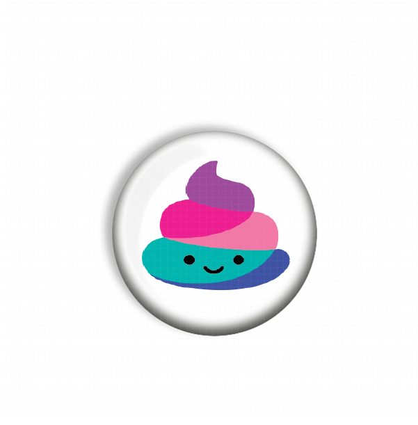 A round, white button with a colorful, whimsical design depicting a happy, smiling face.