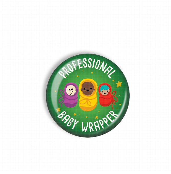 A green button with a cartoon image of three baby dolls and the text "Professional Baby Wrapper" written on it.