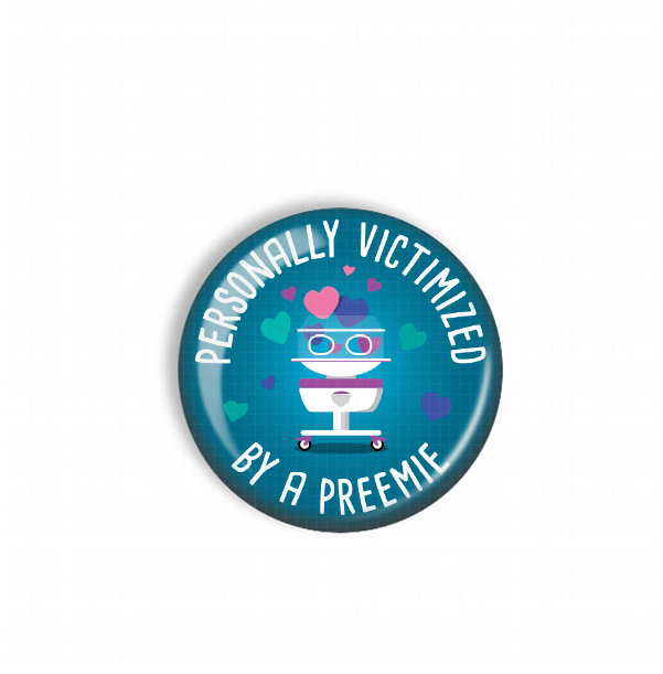 A blue button with a graphic design featuring a person wearing sunglasses and surrounded by hearts.