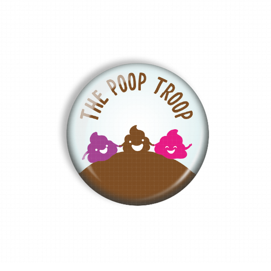A circular button with the text "THE POOP TROOP" and three cartoon-style toilets in different colors - purple, pink, and brown.