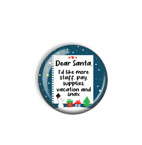A blue button with a white paper attached to it, featuring a Santa Claus message and various holiday-themed illustrations.
