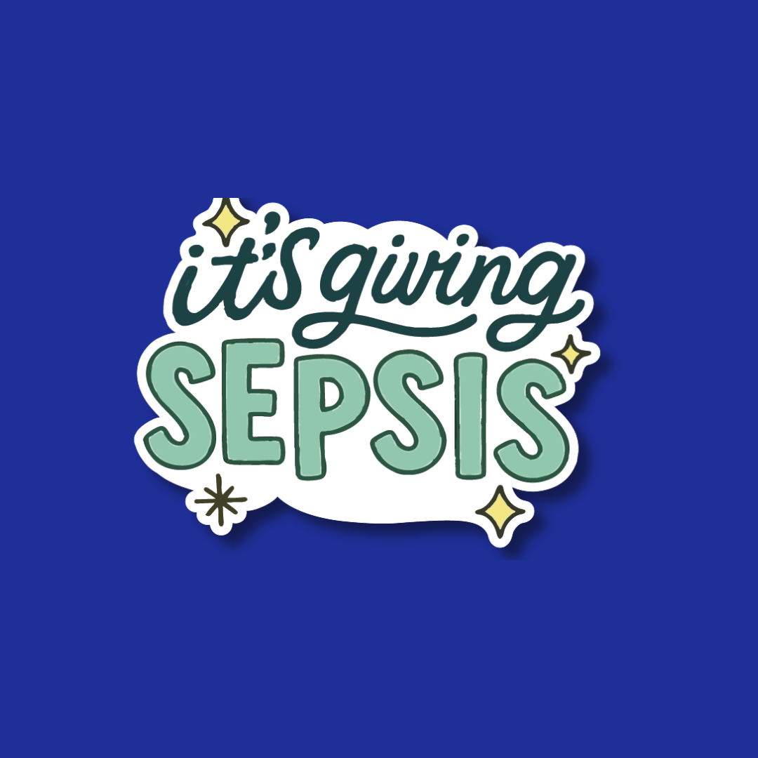 the text "it's giving SEPIS" in a stylized font, surrounded by stars and a cloud-like shape against a blue background.