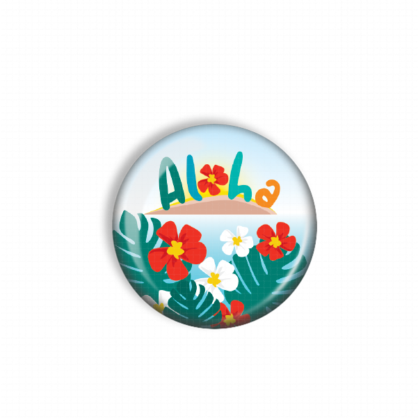 A round, colorful pin with the word "Aloha" written on it, surrounded by tropical flowers and leaves.