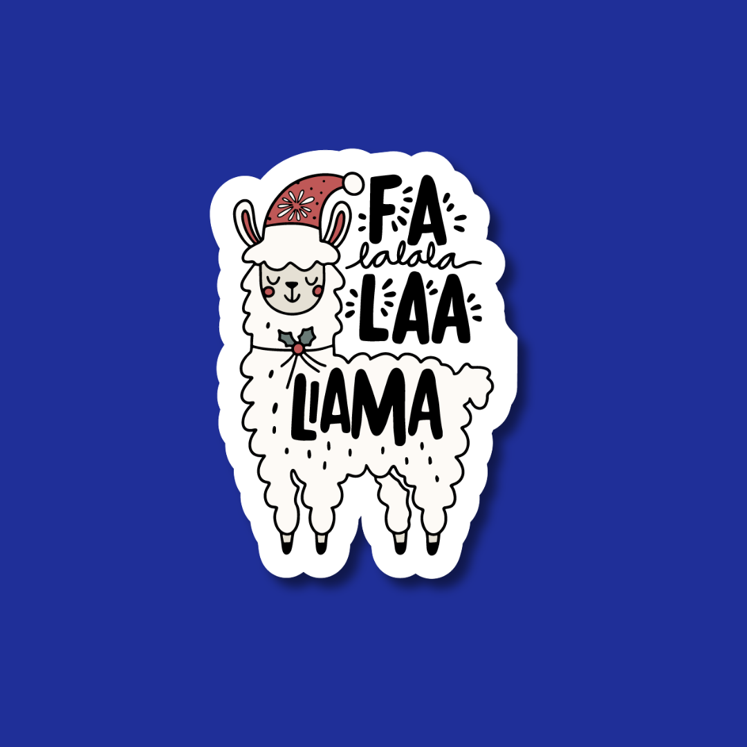 A white sticker with a cartoon image of a llama wearing a Santa hat and the text "FALA LLA LLA" written on it.