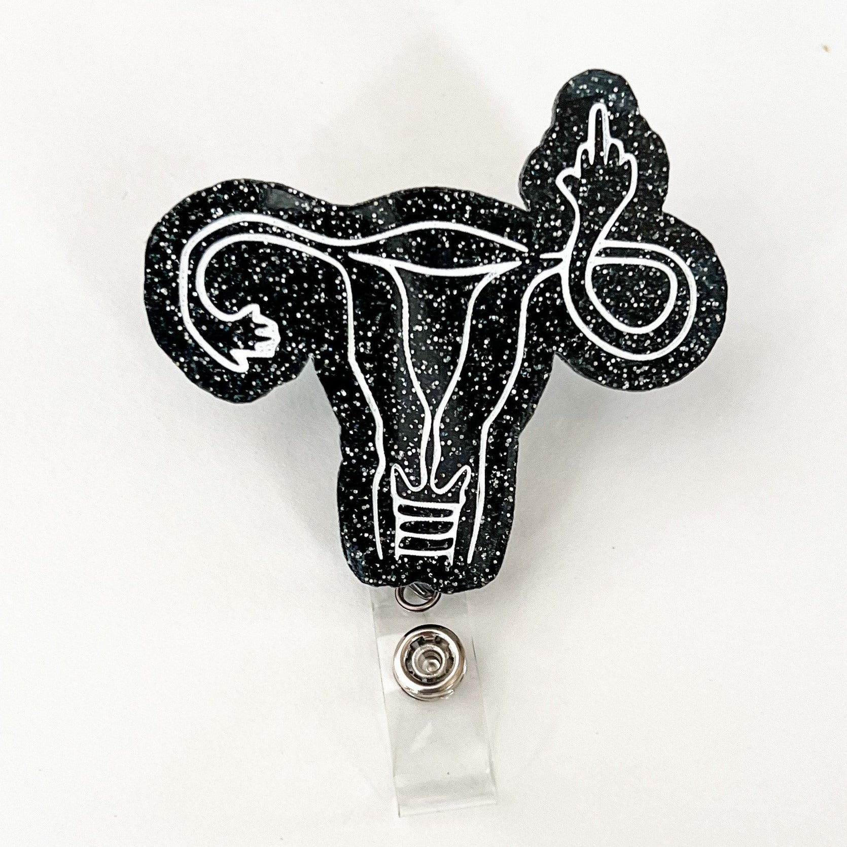 Glitter Badge Reel Topper: Middle Finger Uterus