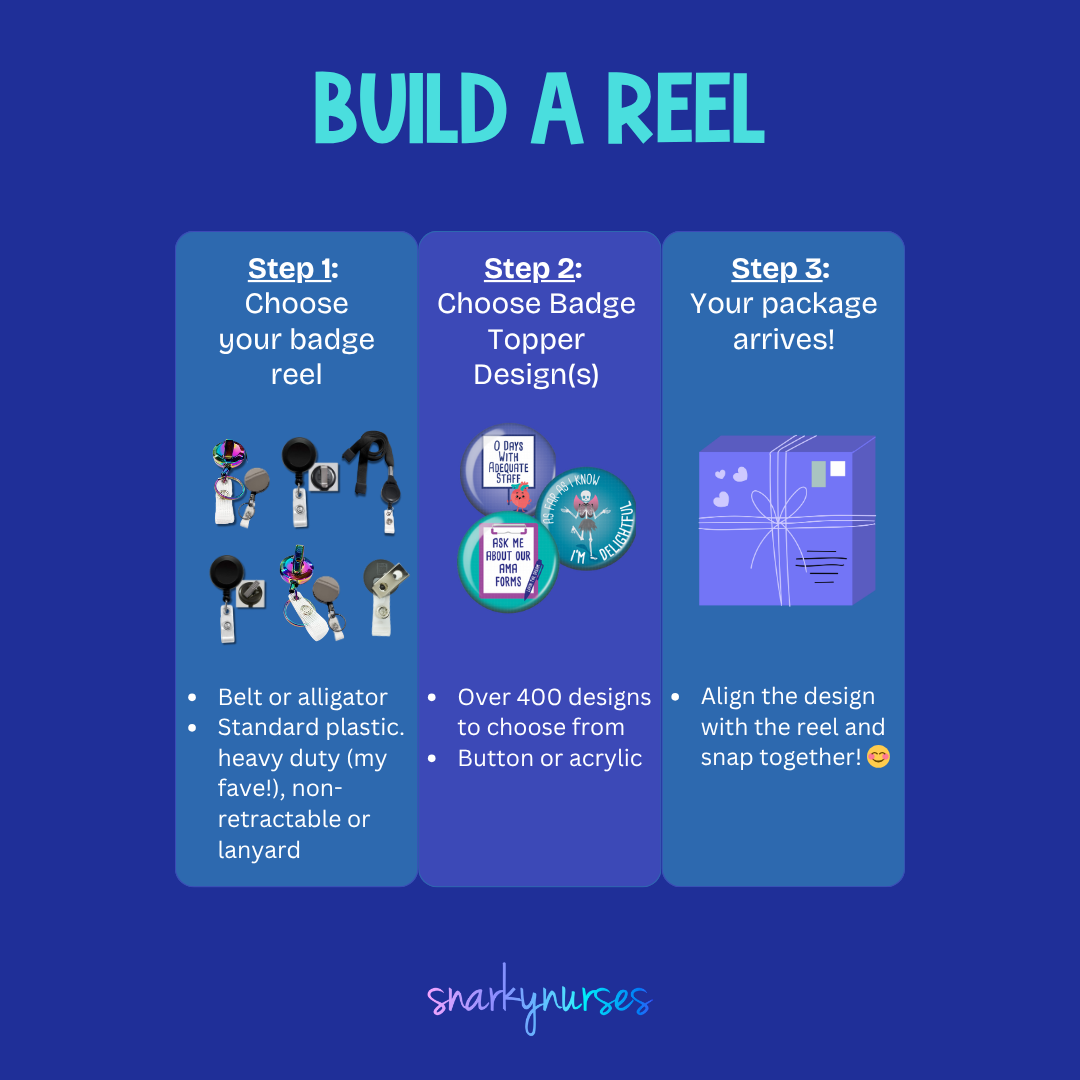 The image is a step-by-step guide on how to build a reel, with three sections labeled Step 1, Step 2, and Step 3. It provides instructions on choosing a badge to attach to the reel, choosing a badge design, and aligning the design with the reel.