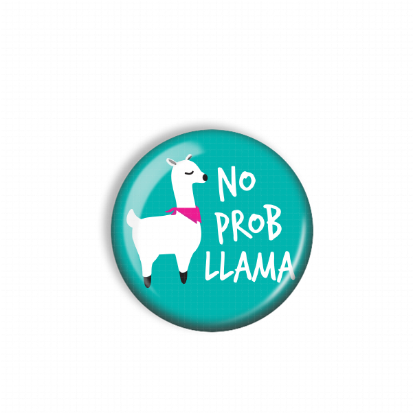 A blue button with a white llama and the text "NO PROB llama" printed on it.