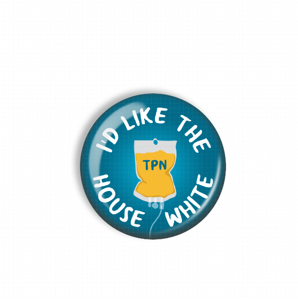 A blue button with the text "I'D LIKE THE HOUSE WHITE" and an illustration of a yellow bag with the letters "TPN" on it.