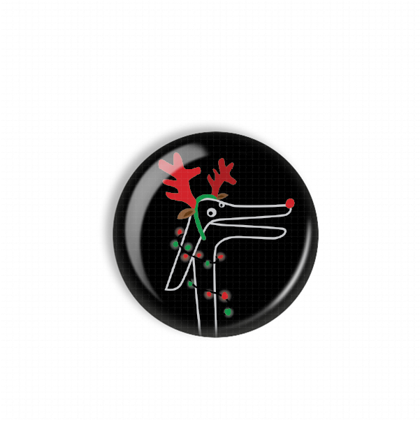 A black circular object with a white outline and a red reindeer with antlers on top.