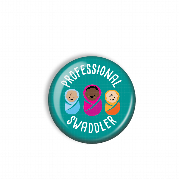 A turquoise button with the text "PROFESSIONAL SWADDLER" and three cartoon images of babies wrapped in swaddles.