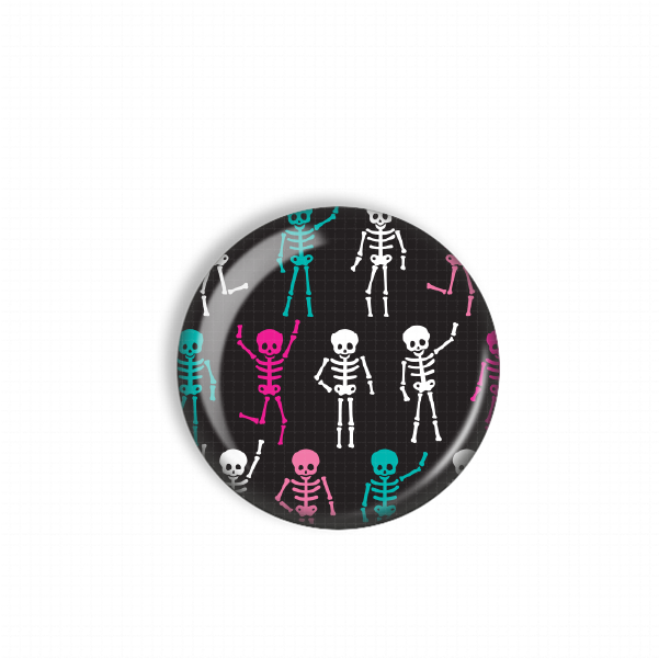 A circular object with a repeating pattern of white skeletons in various poses, including standing, sitting, and dancing, against a black background.