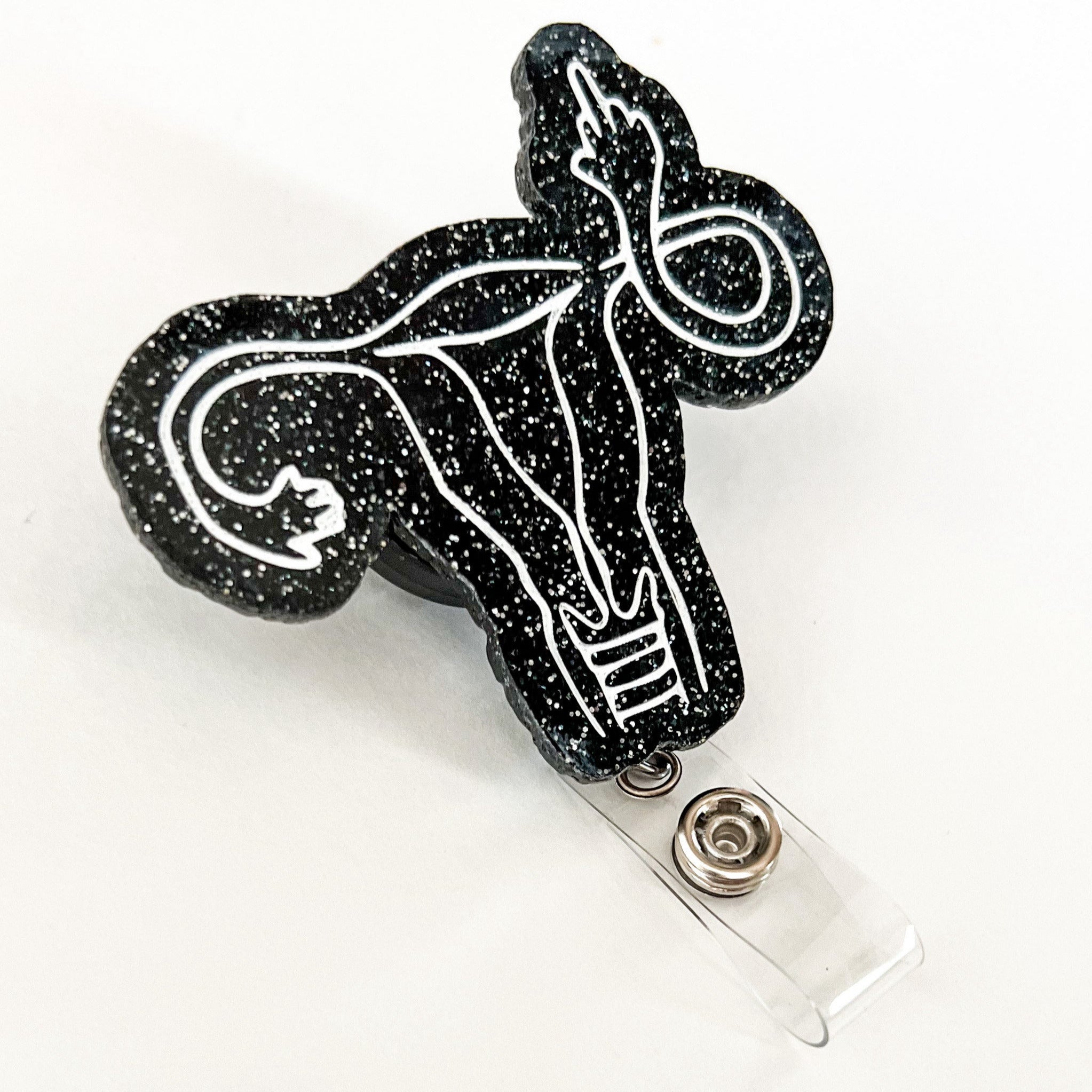 Glitter Badge Reel Topper: Middle Finger Uterus