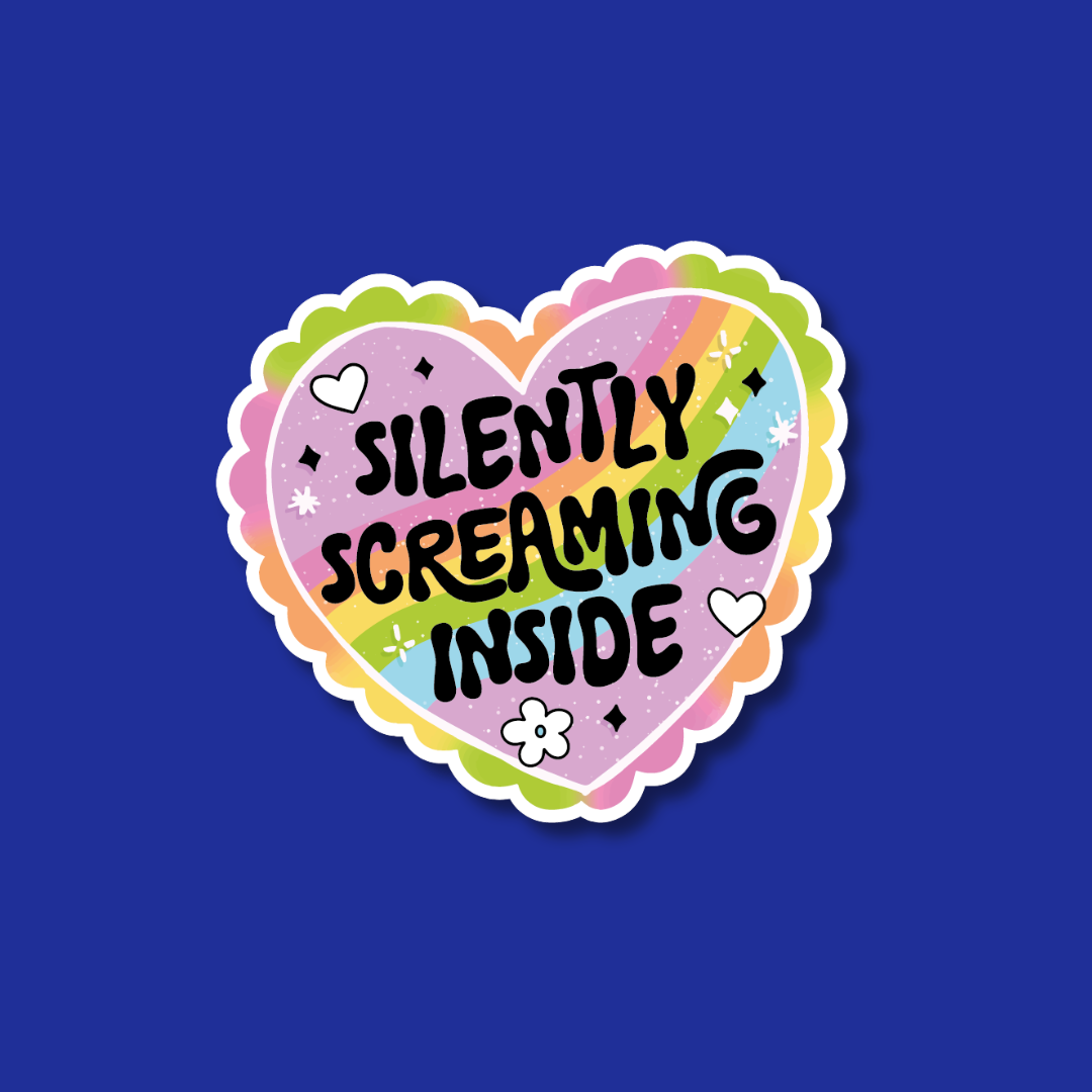 A heart-shaped sticker with the text "Silently screaming inside" written on it, surrounded by colorful and whimsical elements such as stars, hearts, and flowers against a blue background.
