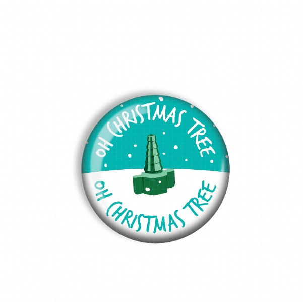 A circular button with a Christmas tree image and the text "OH CHRISTMAS TREE" written around it.
