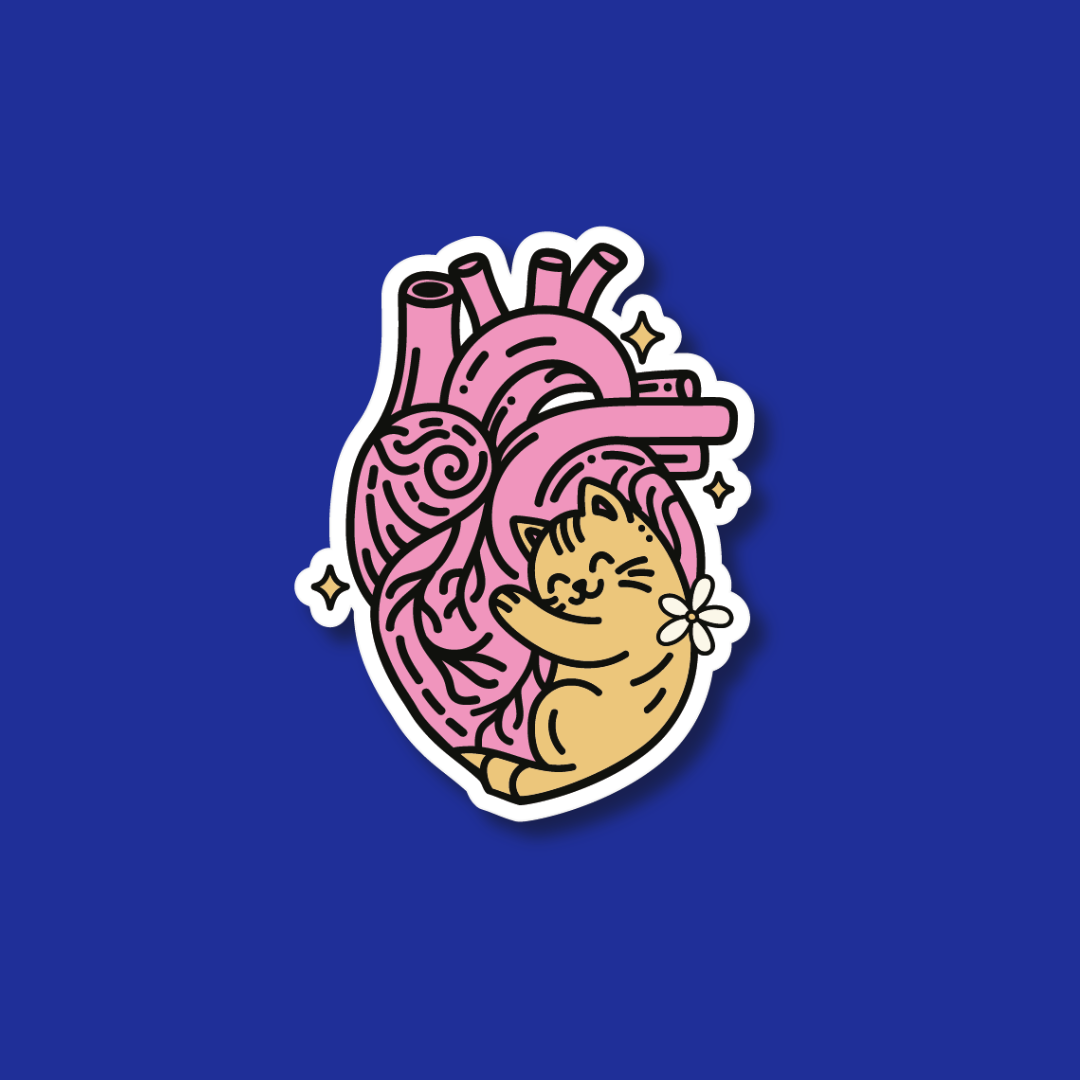 A heart-shaped sticker with a cat inside, set against a blue background.