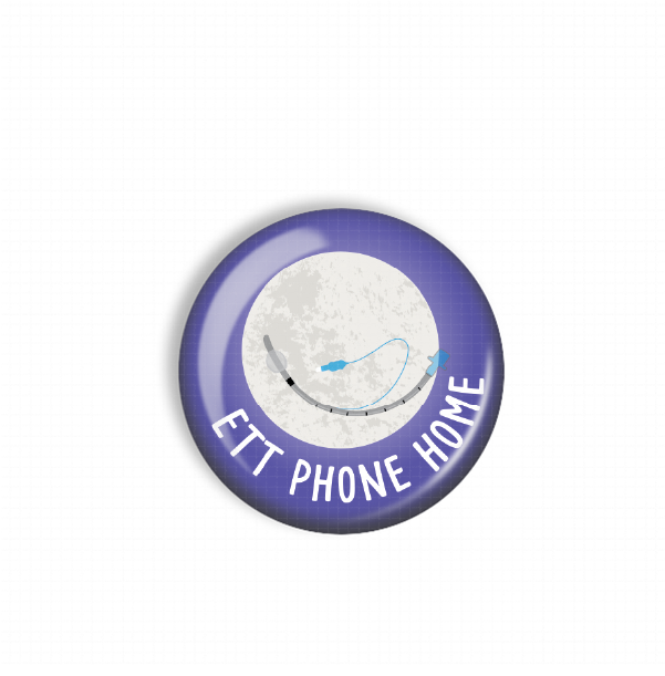 A purple button with a white moon and a blue line on it, along with the text "ETT PHONE HOME" written on it.
