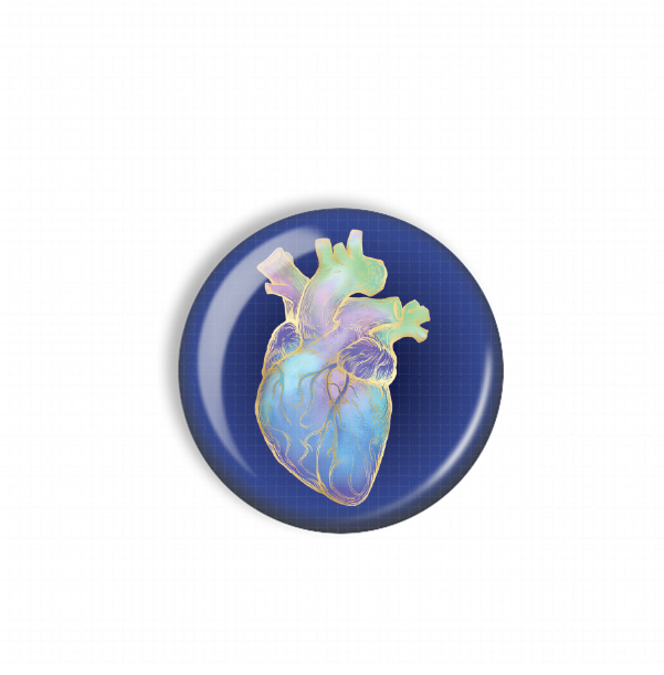 A blue circular object with a colorful, abstract depiction of a human heart in the center.
