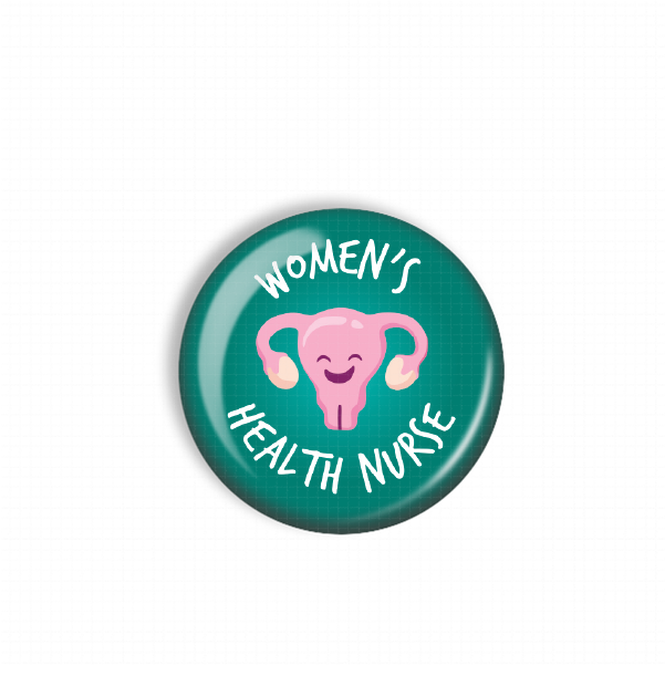 A green button with a pink cartoon depiction of a female reproductive organ, along with the text "Women's Health Nurse" written on it.