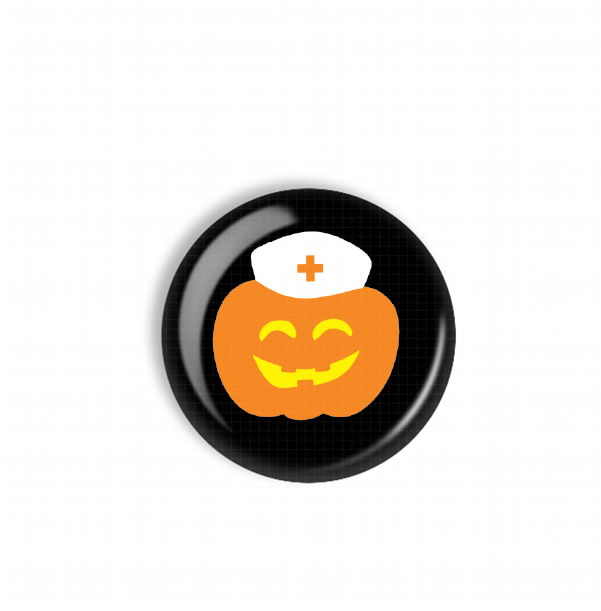 A black button with a cheerful pumpkin wearing a white nurse's cap.