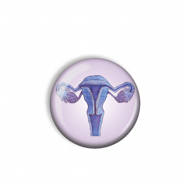 A purple and blue illustration of a female reproductive organ, specifically the ovaries, is depicted on a round, circular object.
