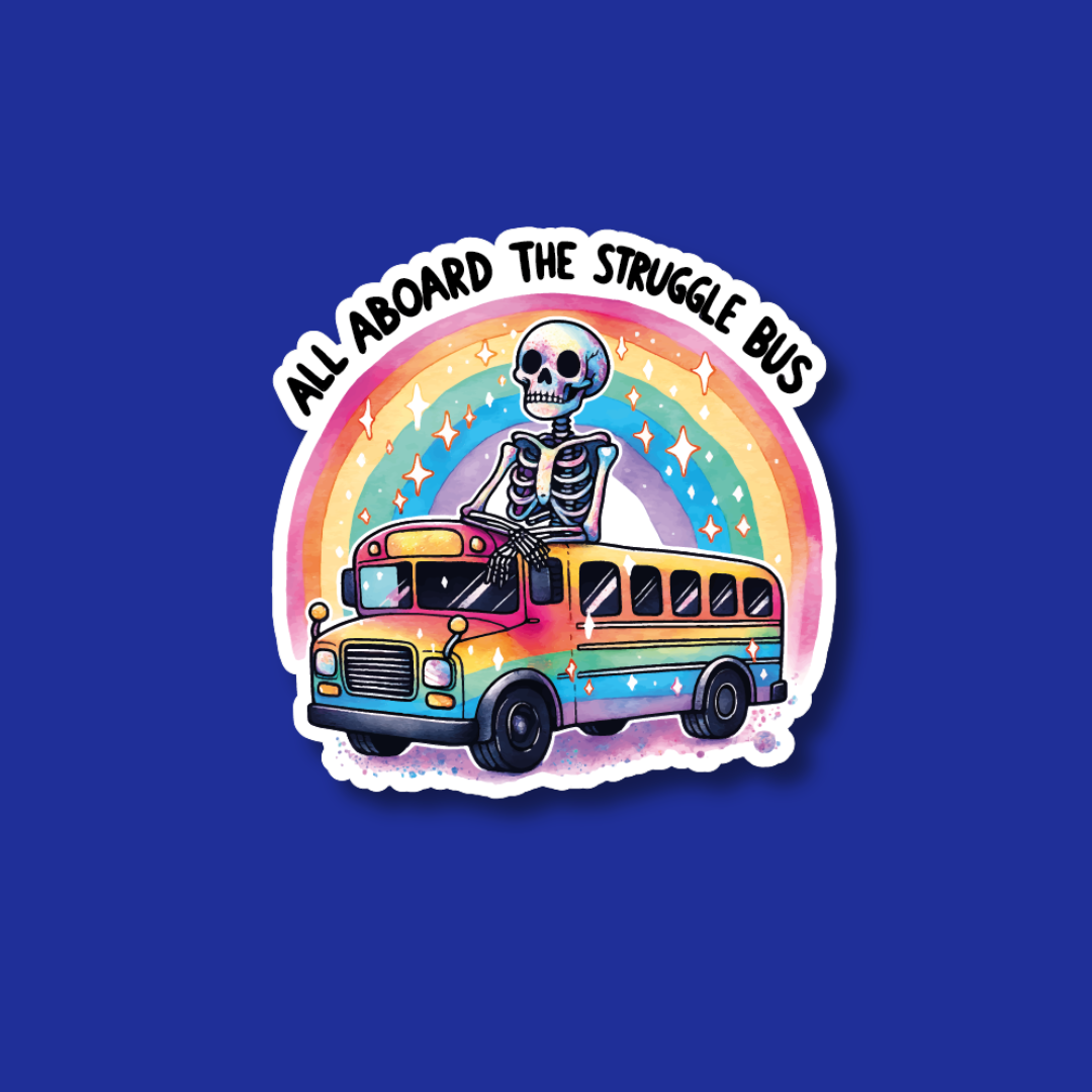 A sticker with a skeleton riding on the roof of a colorful bus, with a rainbow arching behind it.