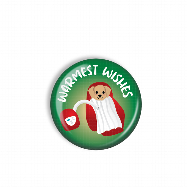 A green button with a cartoon image of a dog wearing a red coat and holding a white scarf, along with the text "Warmest Wishes" written on it.