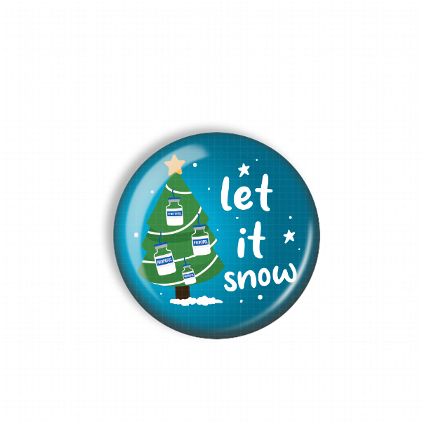 A blue circular button with a Christmas tree and the text "let it snow" on it.