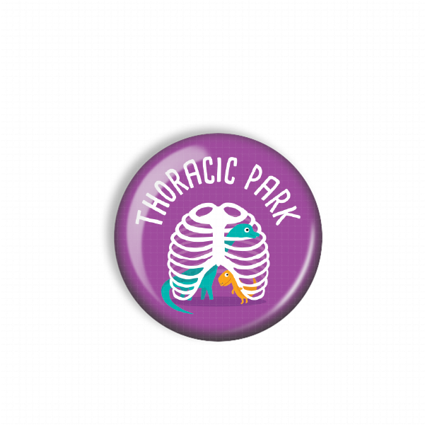 A purple button with a graphic of a ribcage and a small animal, likely a dinosaur or a similar creature, on it.