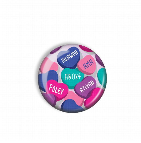 A round, colorful pin with heart-shaped designs and the names of various people written on them.